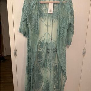 Sheer Lace Kimono Duster in Teal